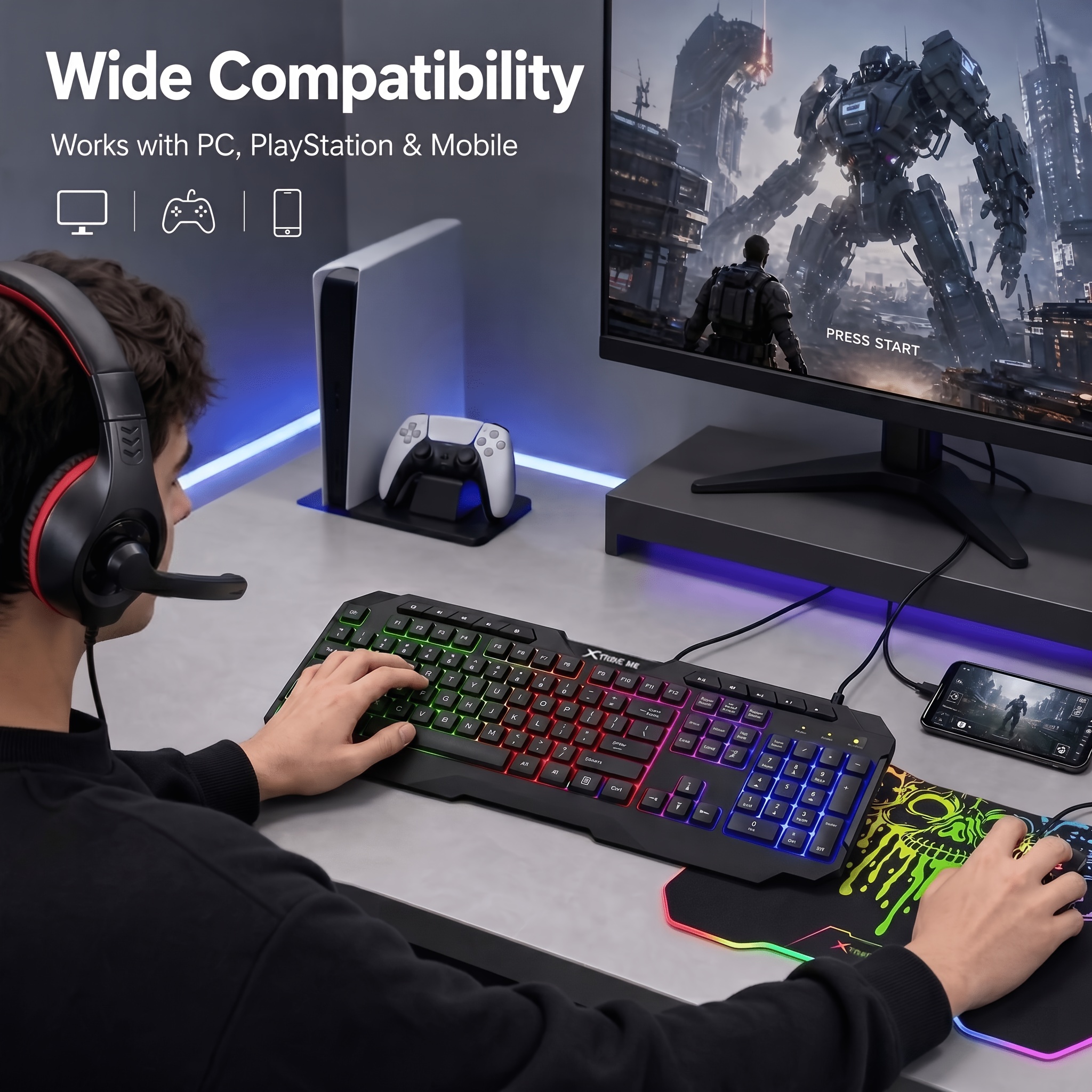 TEMU Esports -in-1 Combo Set 104 Keys Multifunctional Keyboard With Mixed Color Backlight, 6d Gaming Mouse Adjustable Cpi, Wired Headphone With Clear