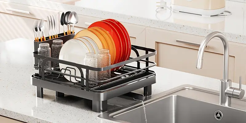 expandable dish drying rack extendable dish rack with spout collapsible dish dryer black large dish drainer for kitchen counter foldable dish drainer drying rack with cutlery holder Product details 5