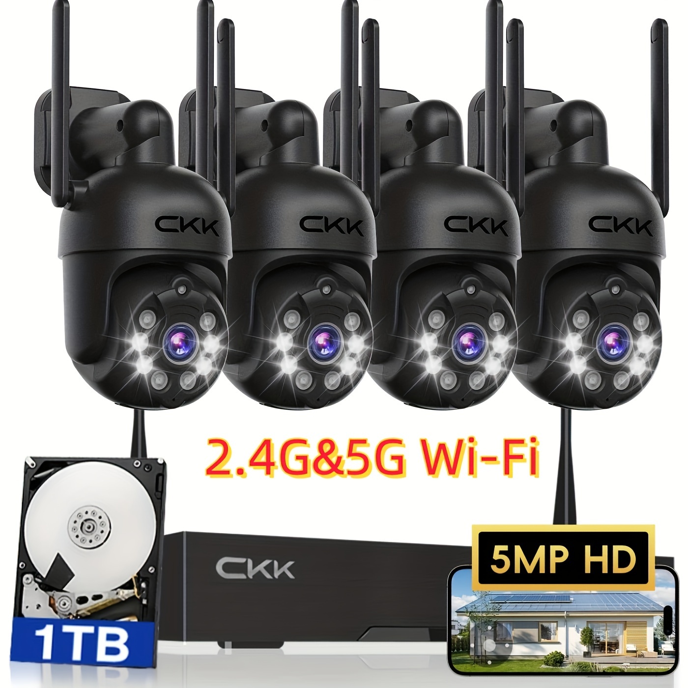 

360° View, 3k Wireless Security System, 4pcs 5mp Ptz Cameras Outdoor Indoor, Wifi Camera Outside Cctv Surveillance Nvr C102 System With Color Motion Sensor Alarm, 24/7 Record