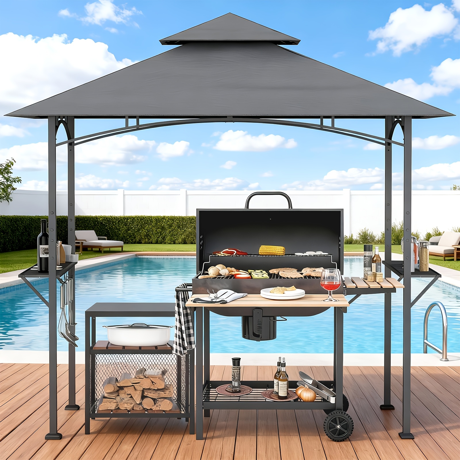 Heavy-duty Bbq Gazebo With Ventilation And Storage, Powder-coated , Sun Protection Outdoor Canopy, Suitable For Bbq, Garden Patio Shade