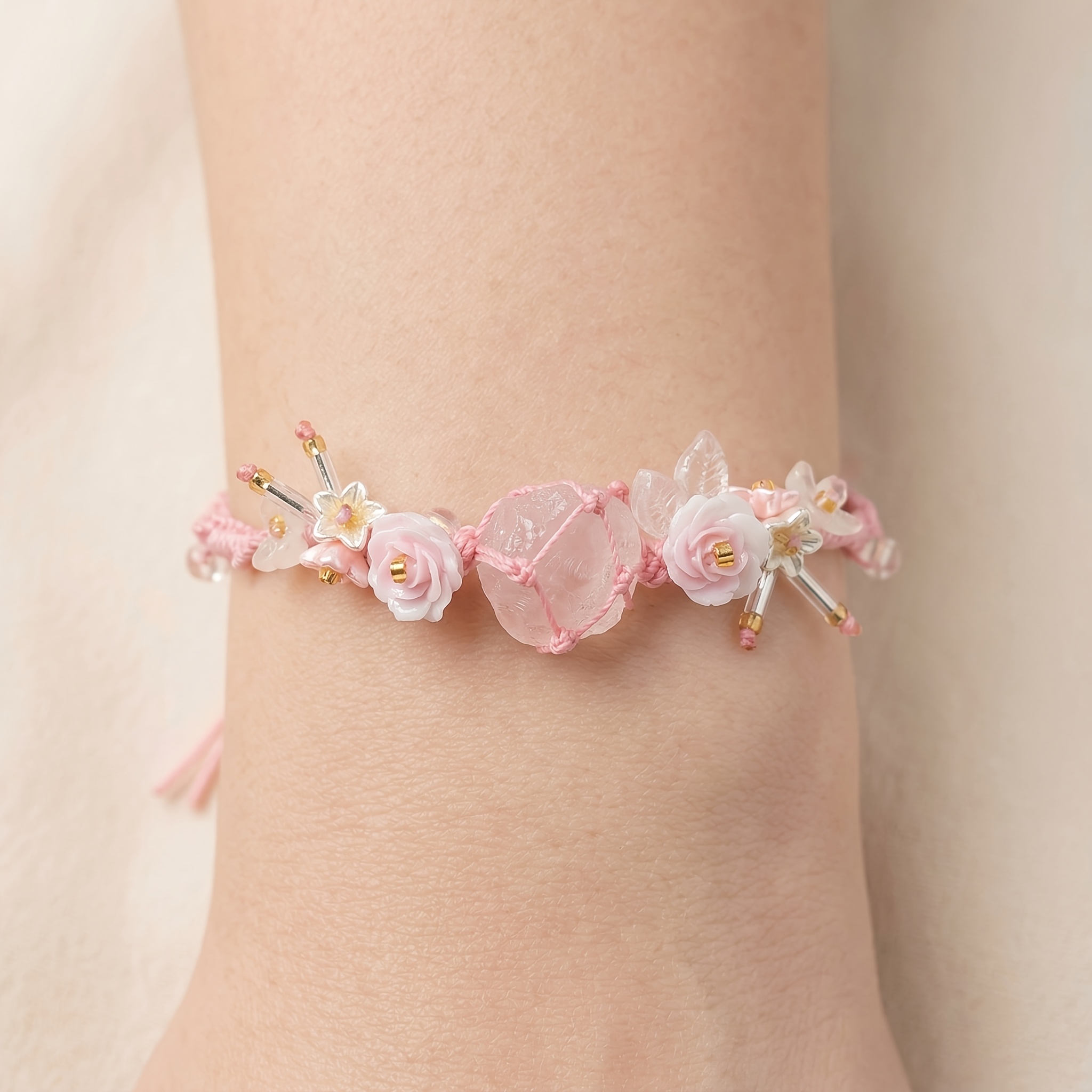 Crystal Handwoven Bracelet, Forest-Inspired Pink & White Design