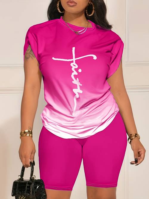 2pcs womens gradient hand painted cross short sleeved suit comfortable sports t shirt shorts