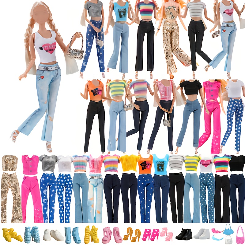 20 piezas de ropa para muñecas de 30 cm/11.82 pulgadas, diseñadas aleatoriamente con 6 pantalones, 6 tops, 5 unidad de zapatos, 2 bolsos y 1 accesorio para la cabeza. Muy buen regalo, Navidad, regalo de cumpleaños, muñecas no incluidas