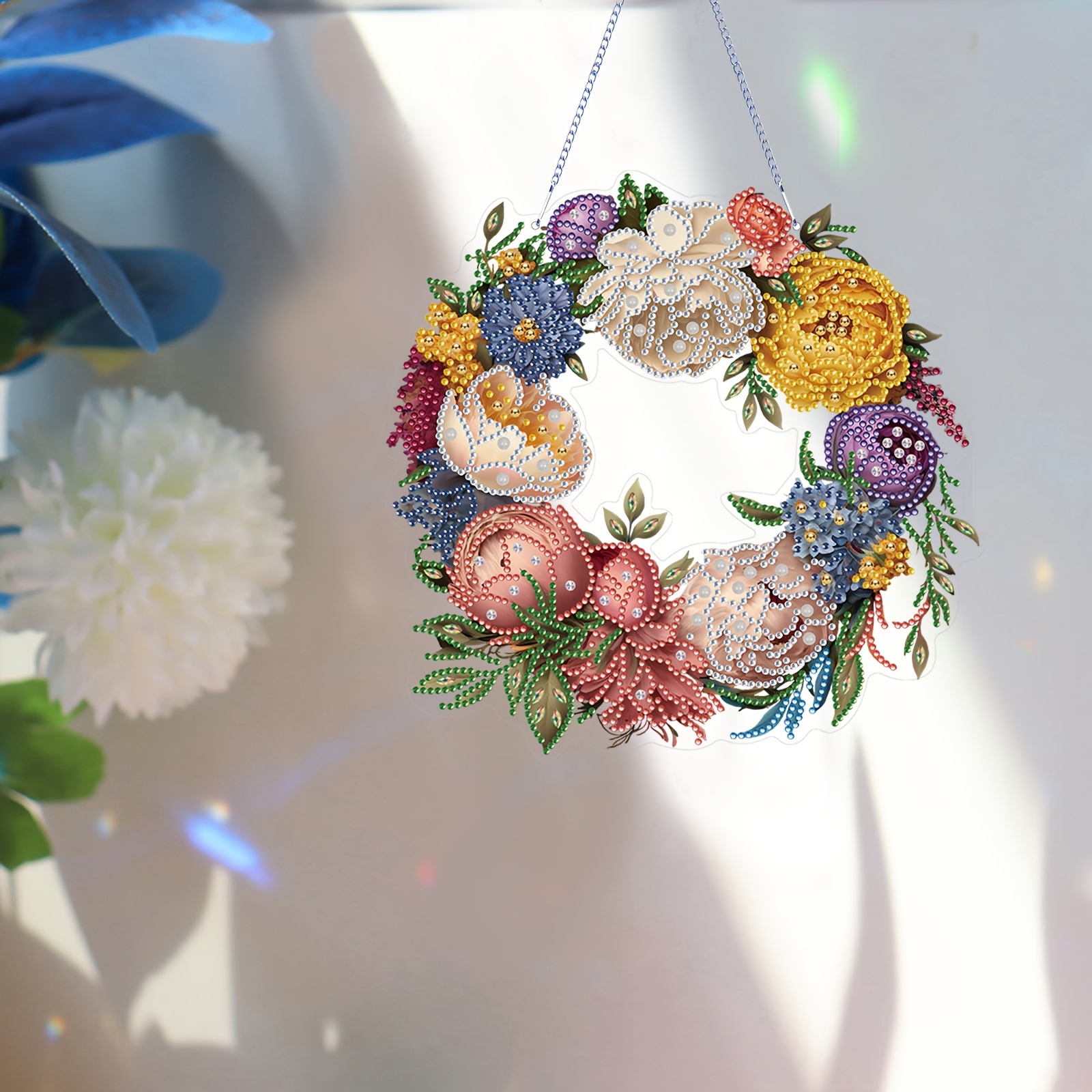 

Diy Acrylic Diamond Art Painting Kit - Colorful Floral Wreath Pendant, Special Shaped Diamonds, Craft Tools & Supplies For Garden Door Sign Decor, Unique Handmade Gift Idea - 1pc