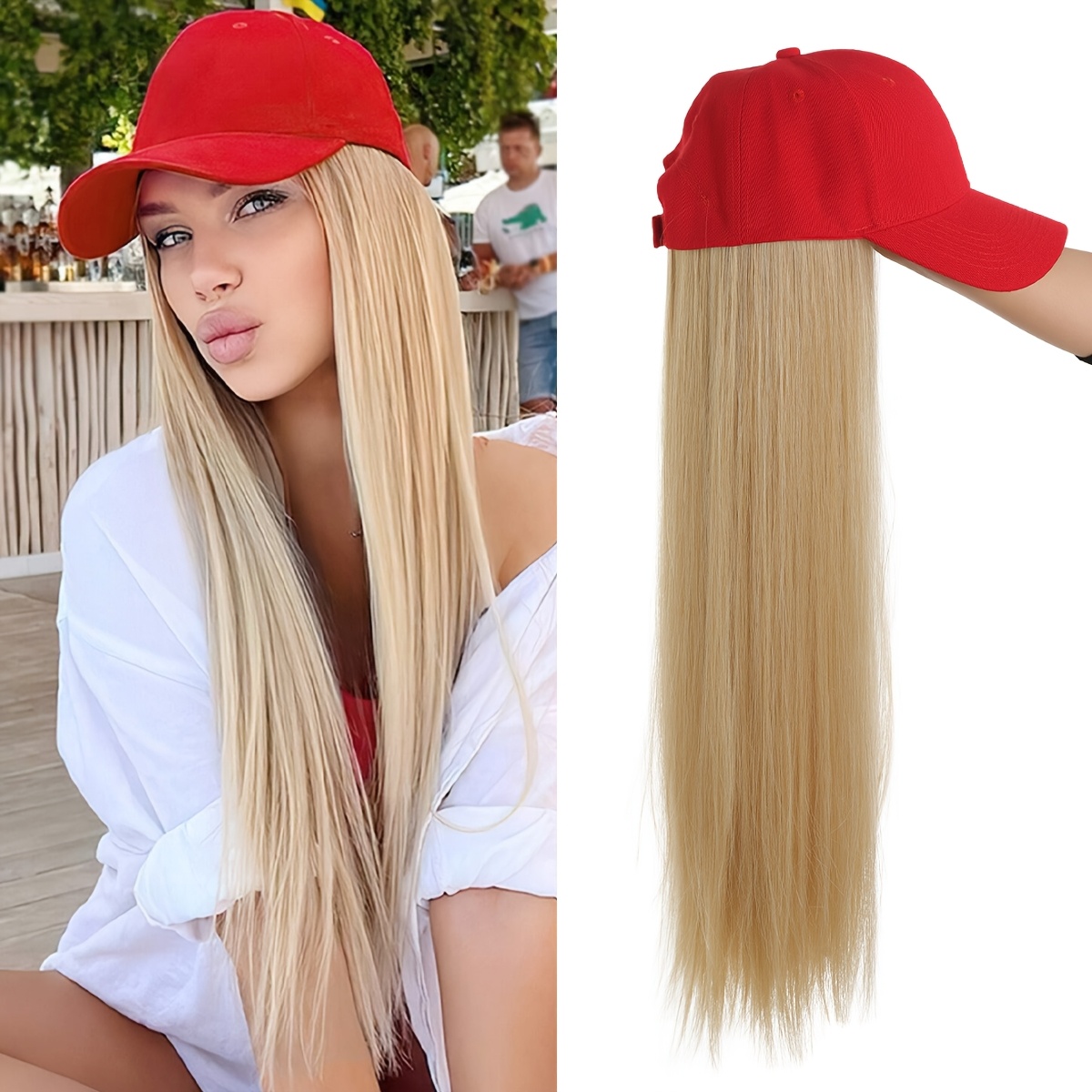 26 Inch Wig And Hat Blonde Long Straight Wig Extension White Female Hat Wig Synthetic Blonde Black Hair Wig Women's Synthetic Wig