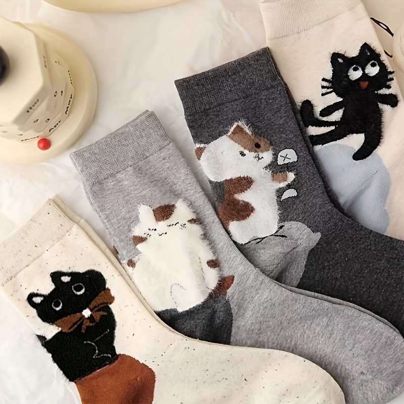 TEMU 4-pair Autumn New Arrival Simple And Cartoon Cat Heel With Kitten Following, Ins-style Mid-calf Socks