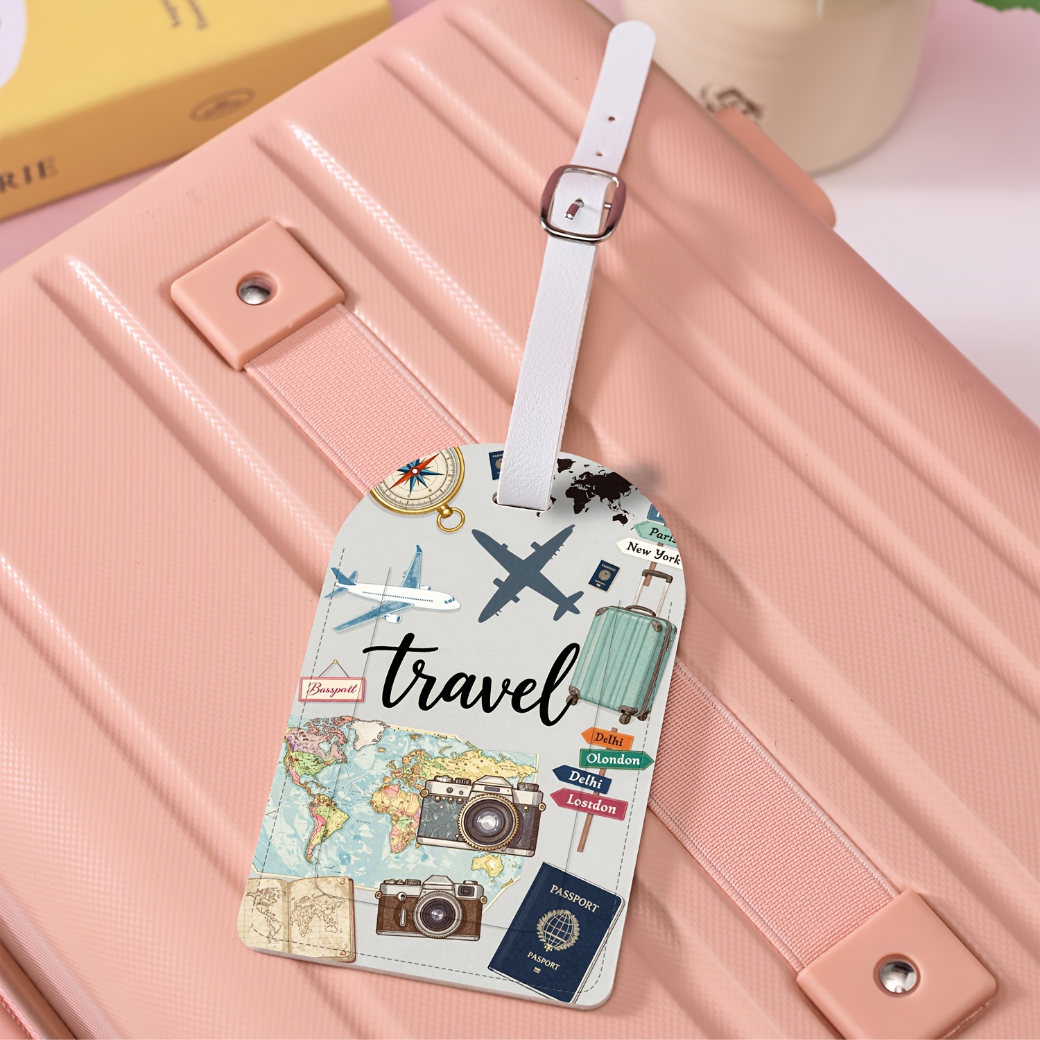 TEMU 1pc Travel Theme With Airplane World Map Compass Camera And Passport Pattern Luggage Tags - Lightweight Pu Material Suitcase Tags For , ,