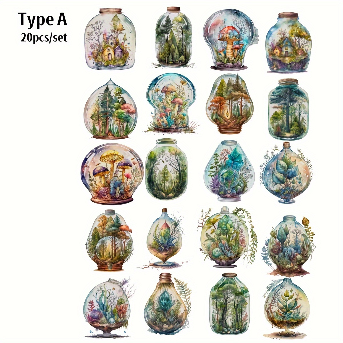 20pcs Handmade Vintage Watercolor Stickers - Forest Mushroom Tree Wooden House Design, Reusable Matte Paper Decals for Journals, Planners, DIY Crafts (Irregular Shapes, Mixed Colors), Crafting Supplies, Journal Decoration, Whimsical Designs, Artistic Stickers