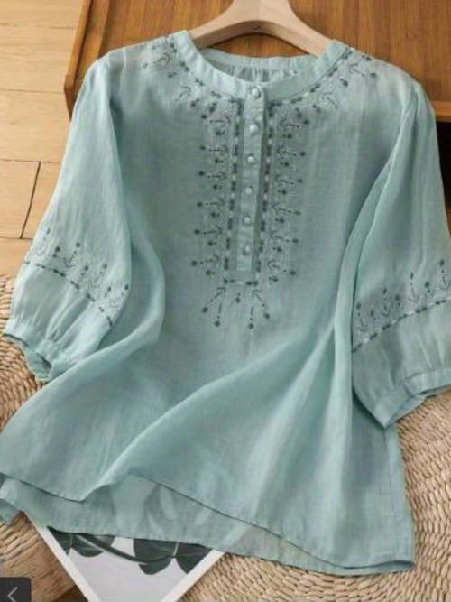 womens summer casual retro half sleeve embroidery round neck loose fit t shirt