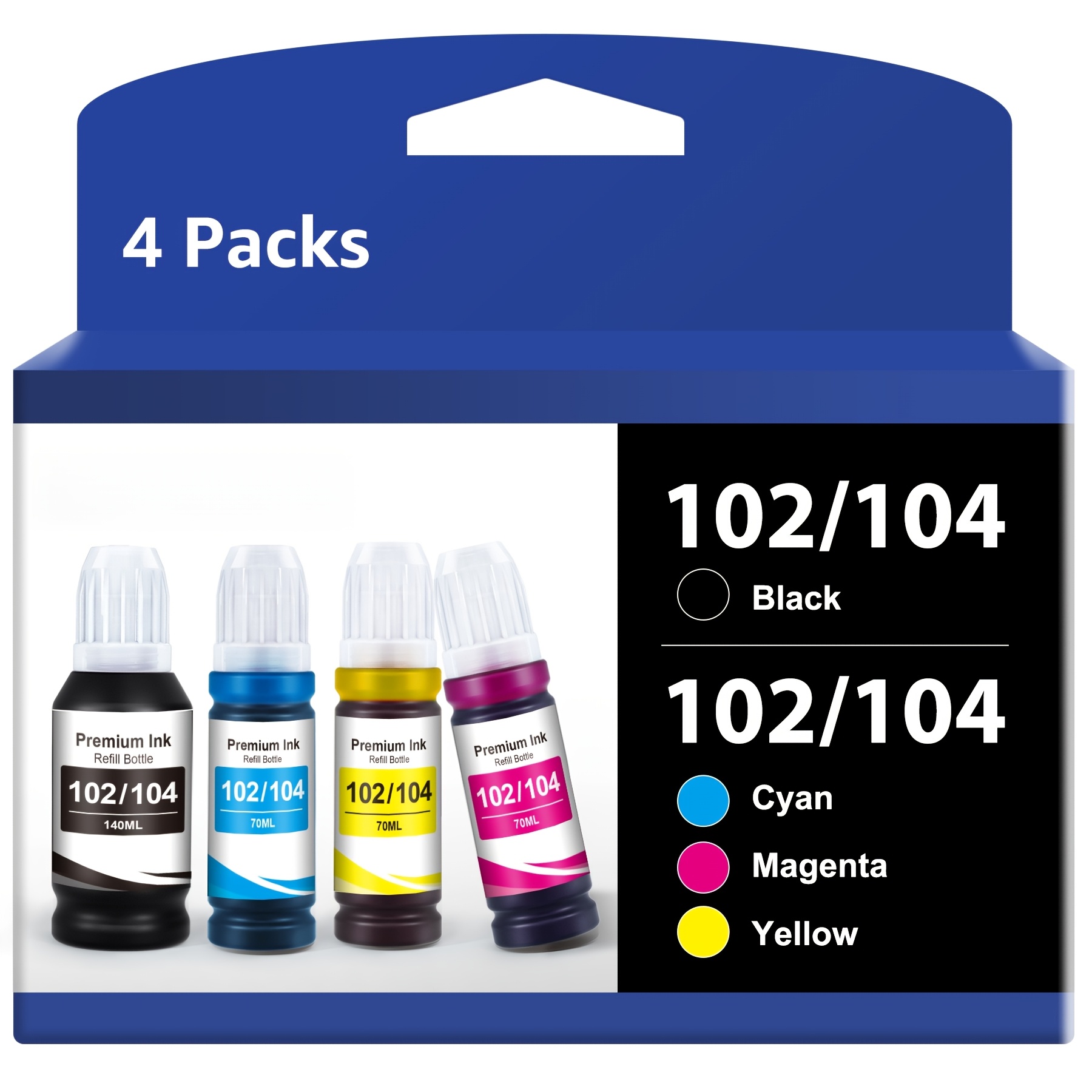 Image of 4-pack 102 104 Ink Bottles Compatible With Epson 102 E 104 Et-2850 Et-2851 Et-2710 Et-2720 Et-2830 Et-2870 Et-3850 Et-4800 Et-4850 Printers