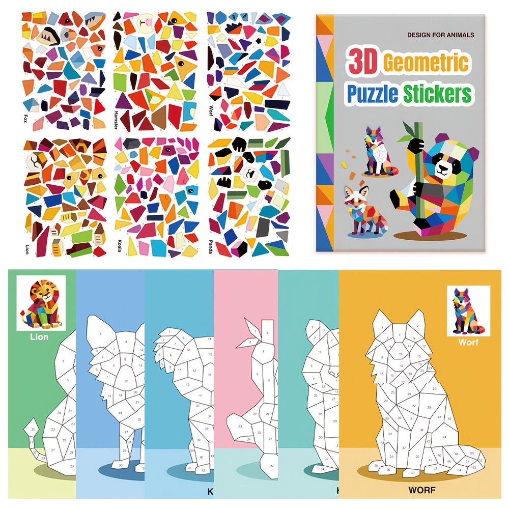 Image of 3d Geometric Sticker Puzzle For Kids, Featuring Creative Cartoon Animal Stickers, A Portable Quiet Activity Book For Handmade Collages, And Sticker Toys As Gifts For Children