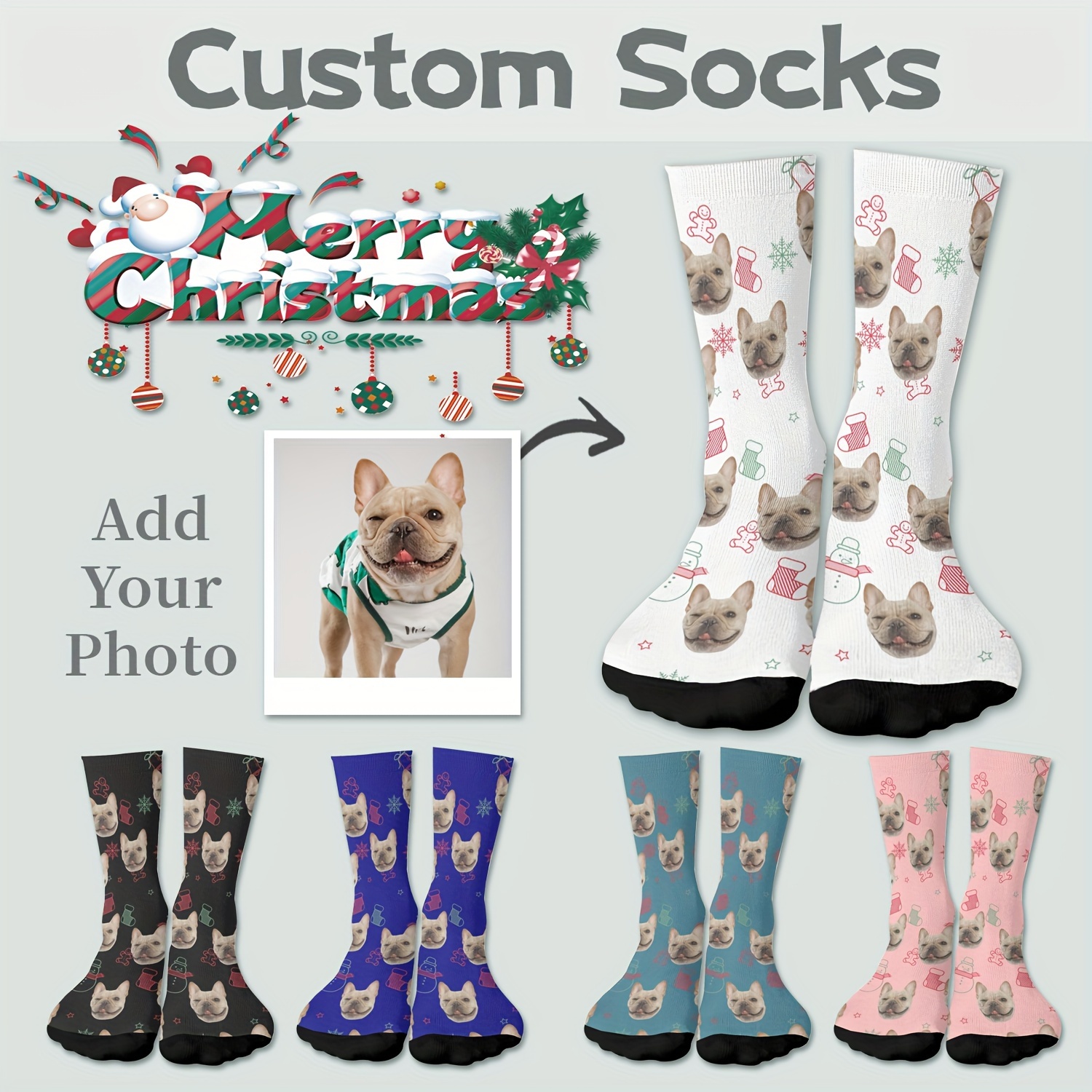 

Festive French Bulldog Socks - Customizable Christmas Gift For Dog Lovers - Men's Socks - Machine Washable - Christmas Pattern With Snowmen And Stars