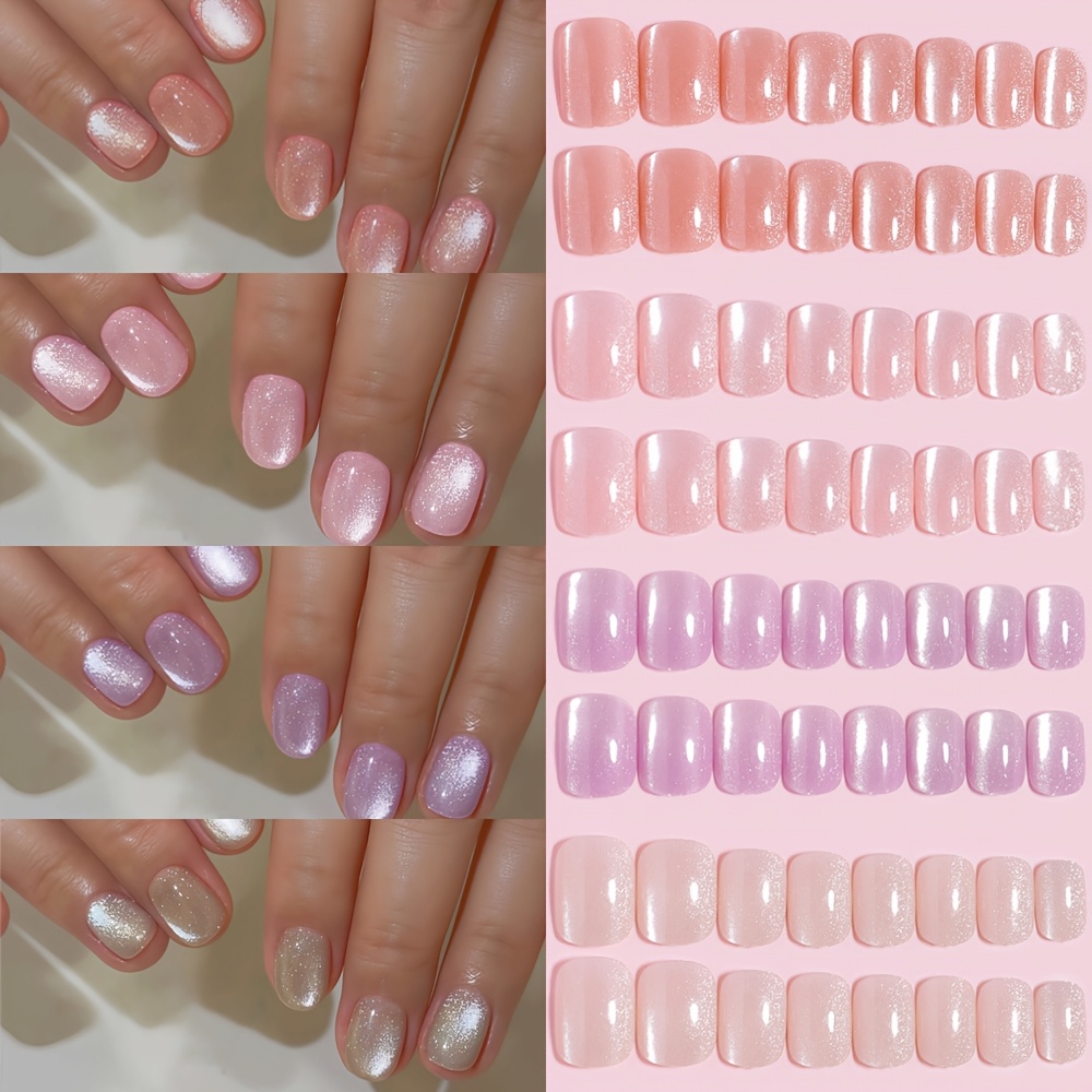 E-shop 94 Stück Bunte Bonbonfarben Katzenaugen Effekt Aufdrückbare Falsche Nägel Kurz Rund Vollständige Abdeckung Nagelkunst Modische Nagelkunst