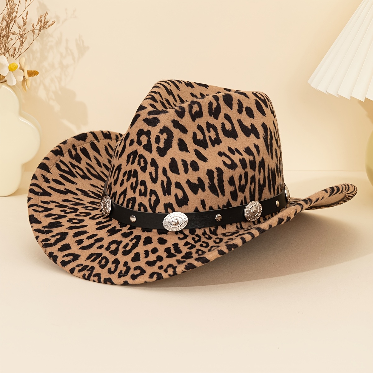 black studded print decorative brown leopard print fedora Temu