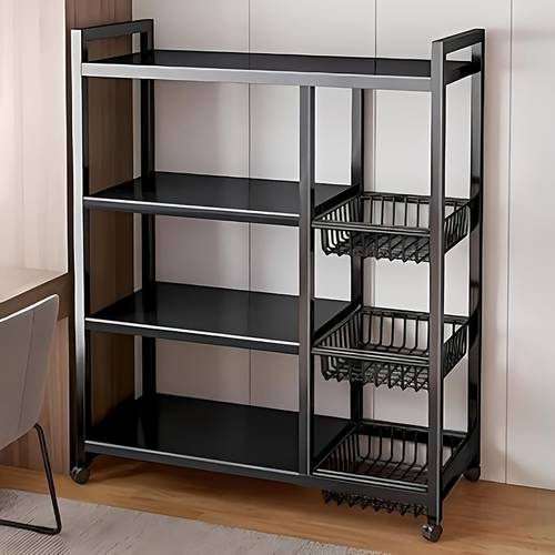 1pc movable storage rack adjustable 4 storey kitchen shelf with 3 wire baskets kitchen organizer and storage metal shelf rack with wheels suitable for garage pantry bathroom closet gift