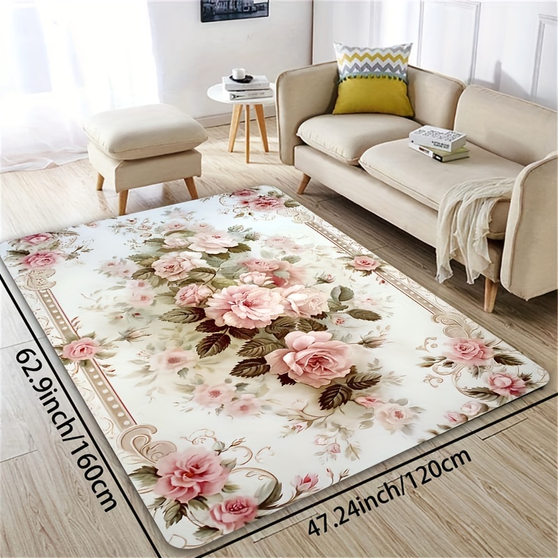 TEMU 1pc, Vintage Floral Area Rug, 8mm Thick, Machine Washable, Rectangular, Polyester With Pvc Backing, For Entryway, Bedroom, Living Room, Kitchen Floor Decor