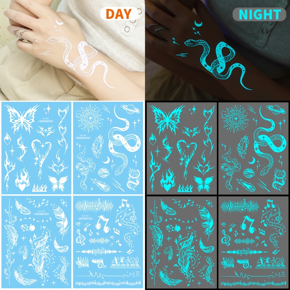 of glowing   stickers for women featuring designs of feathers snakes and butterflies in white     tattoos     to   chest   hands and fingers making them   weddings nightclubs Product details 1