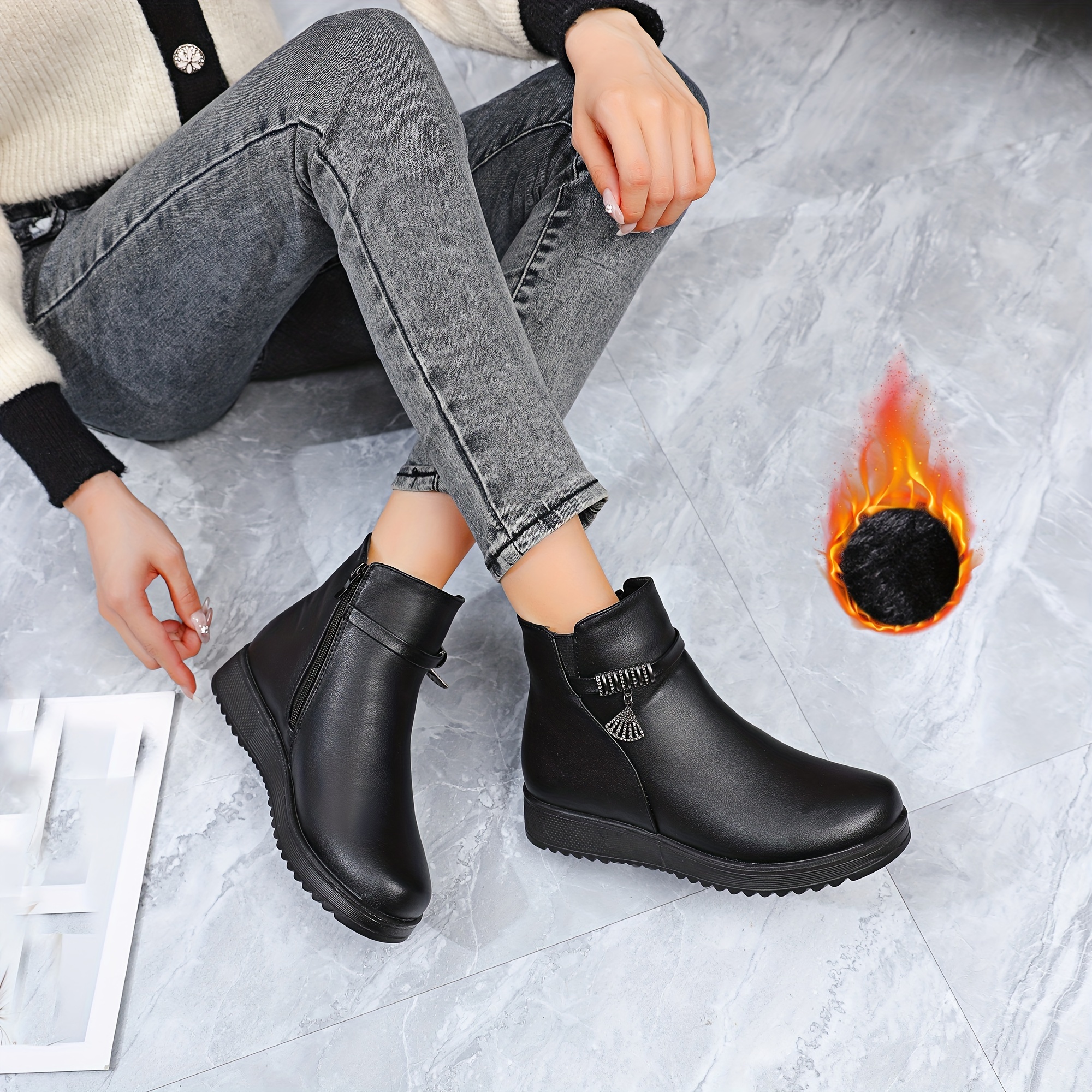womens winter side zipper comfortable thick pu sole warm furry lined round toe casual shoes solid color synthetic cover durable grip boots   protection 8