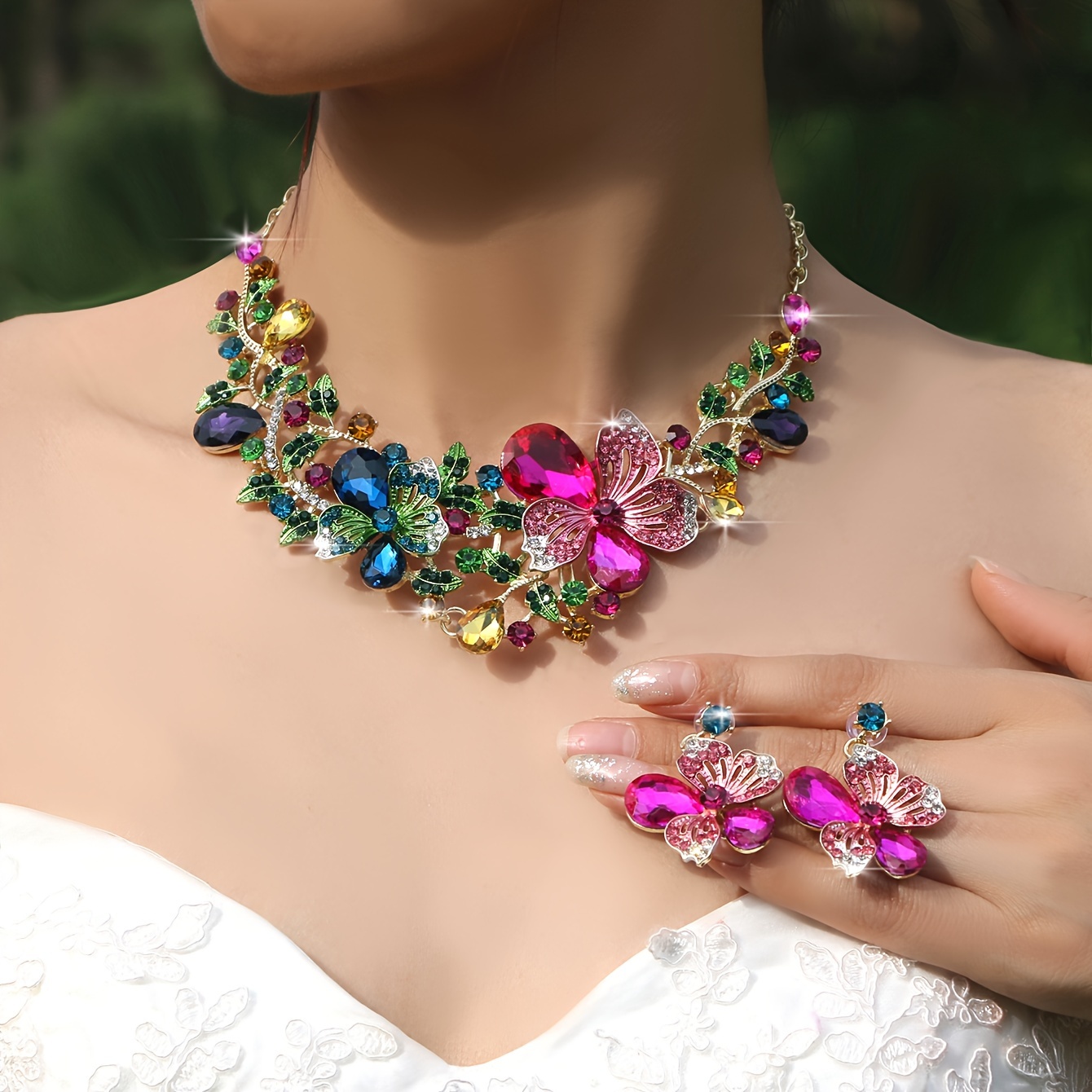 

Luxury High-shine Rhinestone Flower Colorful Necklace And Earrings Set, Bridal Wedding Jewelry, French Style Blingbling 2-piece Accessory For Banquet Events Gifts For Eid