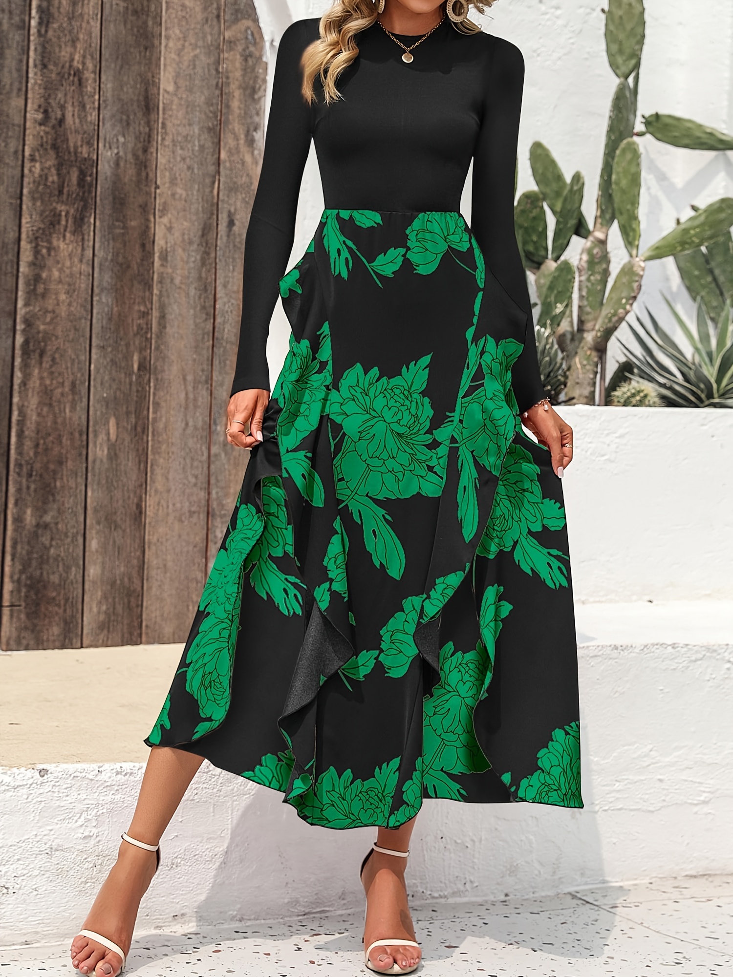 womens autumn fashion 2024 floral maxi dress casual round - Temu Oman