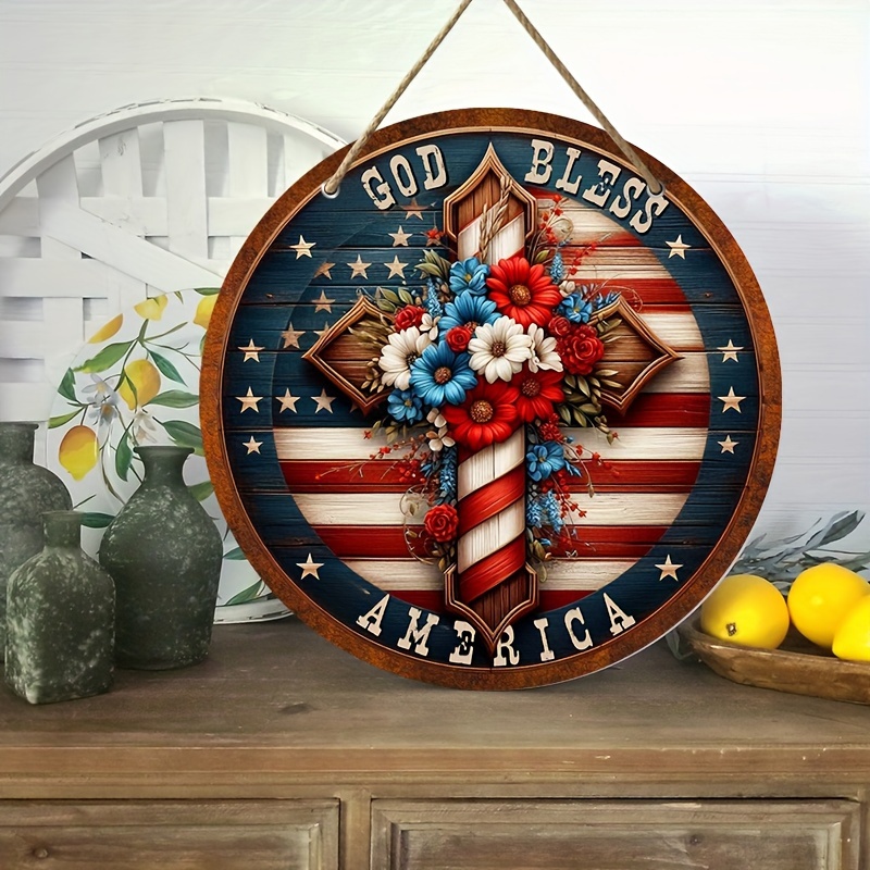 God Bless The USA Patriotic Wooden Signs, Home Office Party Decor