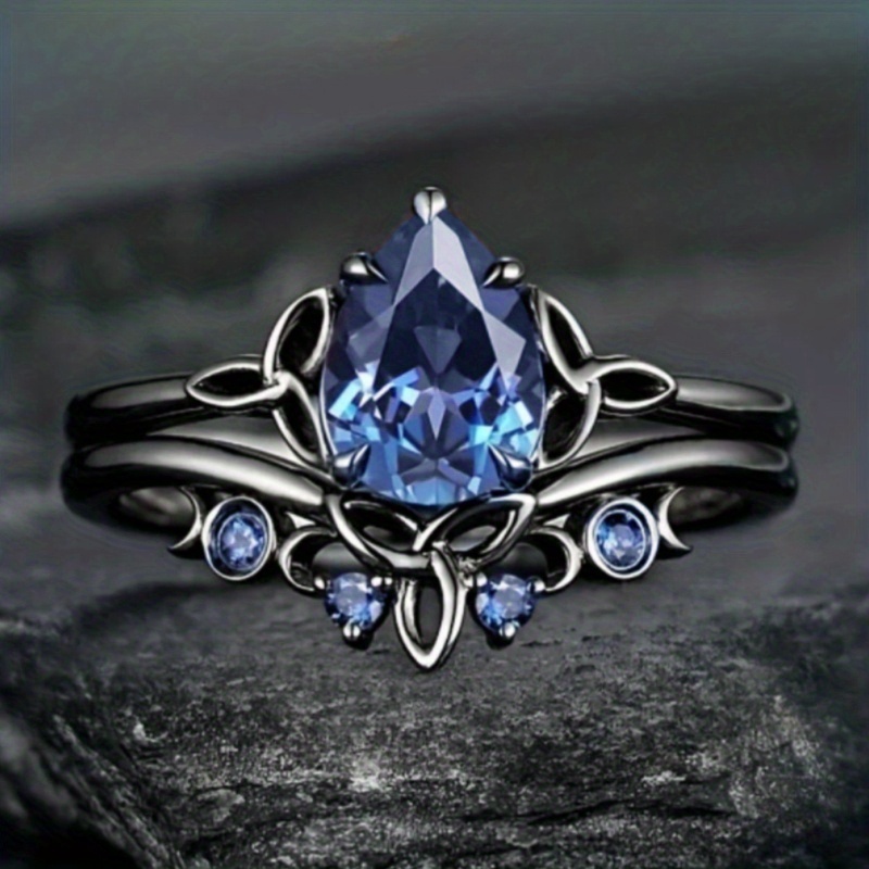 Image of Black Ring Inlay Blue Synthetic Zirconia Anniversary Ring For Women Daily Casual Party Banquet Ring Jewelry As Gifts For