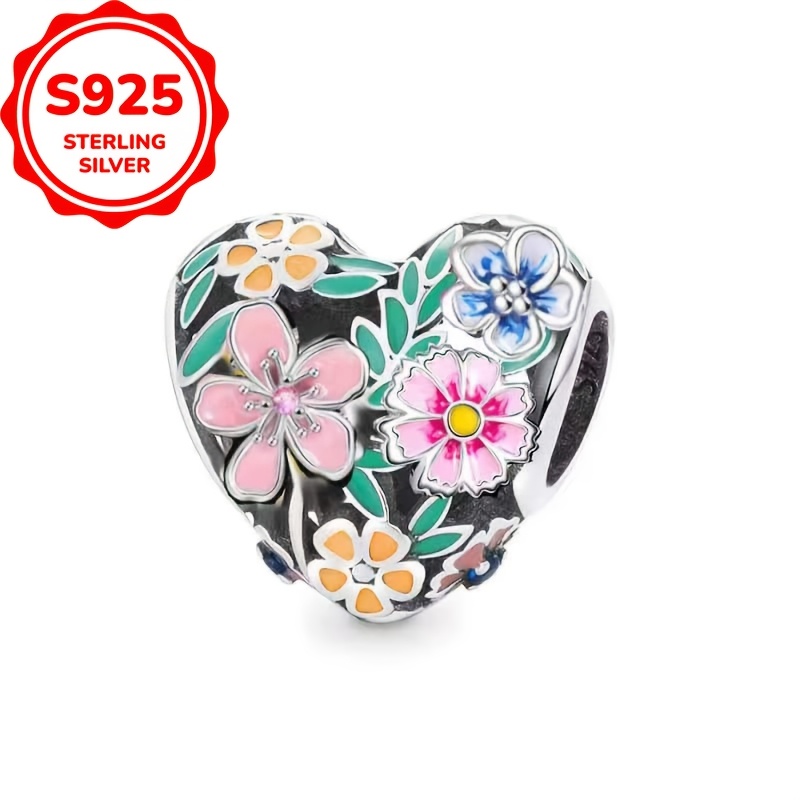 

Chic 925 Sterling Silver Heart & Flower Charm Bead - Making For Bracelets And Necklaces, Cubic Zirconia Accents, Perfect Christmas Gift, Charms For Jewelry Making