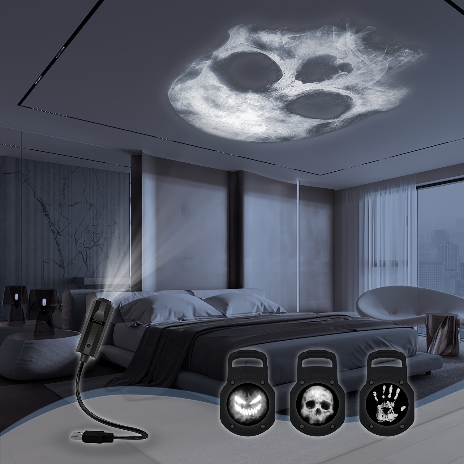 

Usb-powered & Palm Print Led Night Light - 360° Rotatable, Touch-controlled Lamp With Interchangeable Faces For Bedroom, Living Room, Ceiling Decor - Ideal Halloween Atmosphere Maker, Halloween Decor