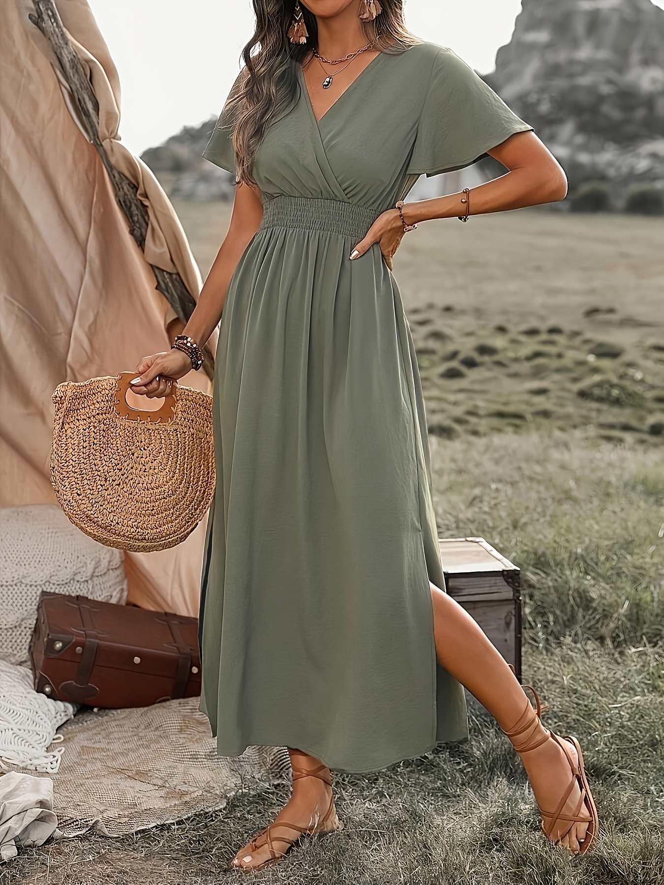 blue dress for baby girl Women Summer Maxi Dress Solid Color Sexy Deep V-Neck Sleeveless Spaghe –  Mega Mart Center main image 0