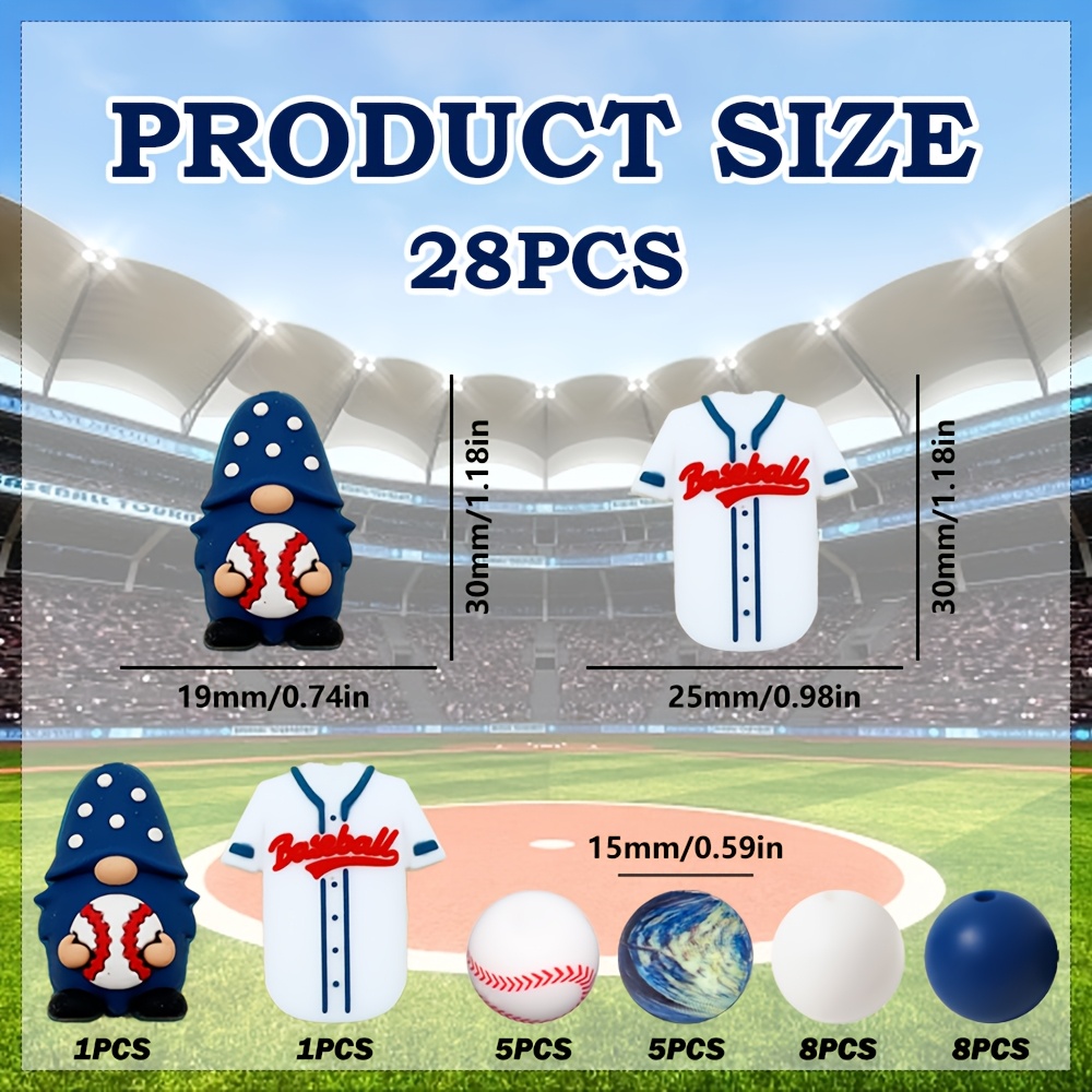 TEMU 28pcs Of Baseball-themed Gnome And Sportswear Printed Round Beads In Red And Blue, Suitable For Jewelry Decoration And Additions For Making
