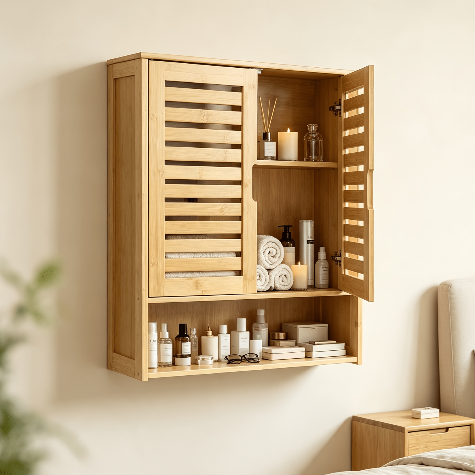 Floating Wall Cabinet With 2 Doors And Adjustable Shelf, Over-the-toilet Storage Organizer, Natural Wood Cabinet Wall-mounted For Bathroom, Laundry Room, Hallway, Living Room, Kitchen, Shelves
