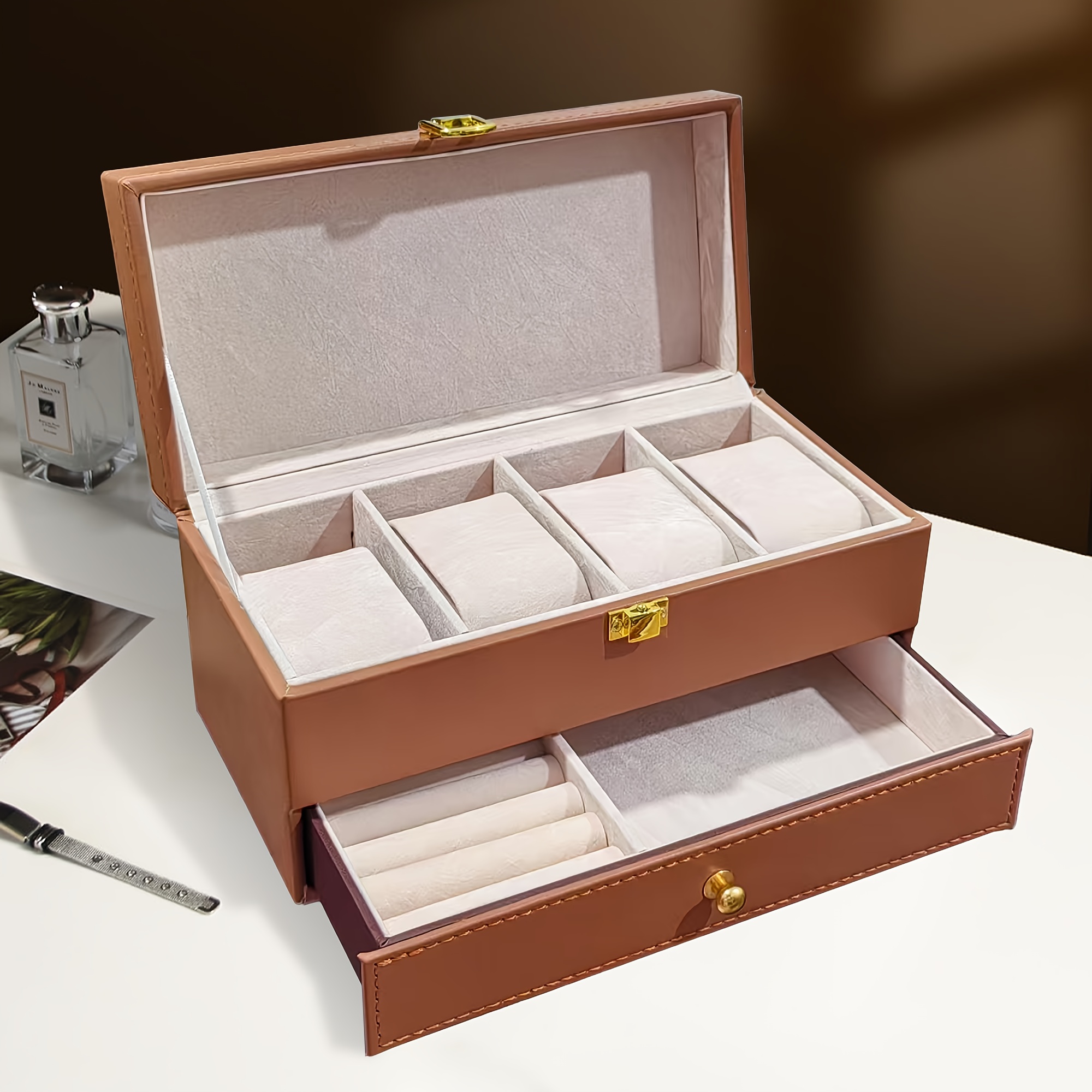 Una caja de exhibición de almacenamiento de joyas de doble capa hecha de fibra de carbono de 4 capas, con cajón de tela suave para almacenar relojes para hombres y mujeres, disponible en varias combinaciones de colores (PU interior negro, café + beige, negro + beige, negro + gris, blanco + blanco).