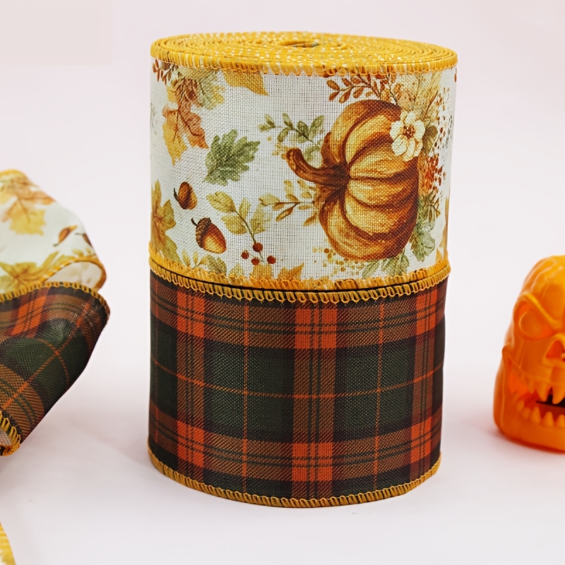 TEMU 2 Rolls Fall Wired Ribbon, 2.5 Inch Autumn Pumpkin Maple Leaf & Polyester Decorative Ribbon, Thanksgiving Harvest Fabric Ribbon For Wreath, Gift