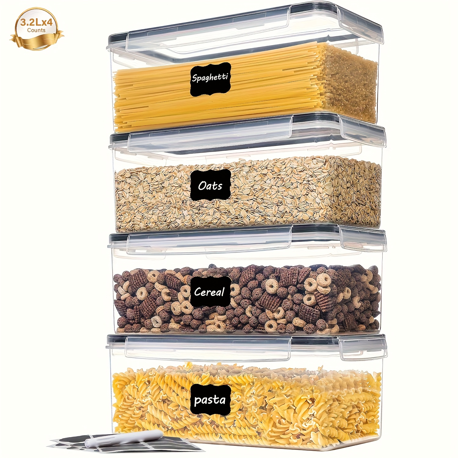 Image of Airtight Food Storage Containers 8/6/4 Set 3.2l, (4/3/2 Jars + 4/3/2 Lids) Plastic Pasta Containers For Italian Pasta Storage, Bpa Free Airtight Home Kitchen Pantry Organization And Storage