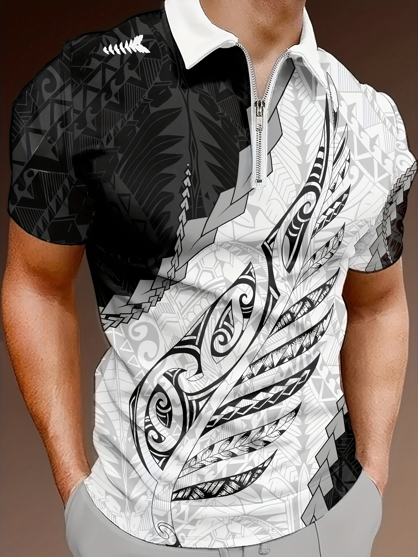 mens trendy black striped patch short sleeve half zip lapel Temu