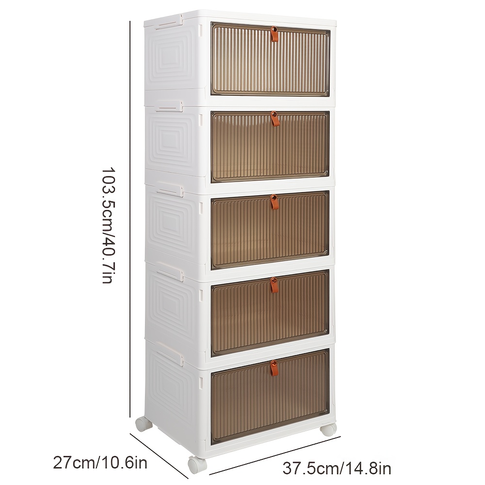 Foldable Storage Box With A 2/4/5 Layer Design Featuring Dual : A Large Lid On Top And A Magnetic Side Opening. It In A White Coffee Color With A For Visibility, To Access Items. The Box Is Foldable