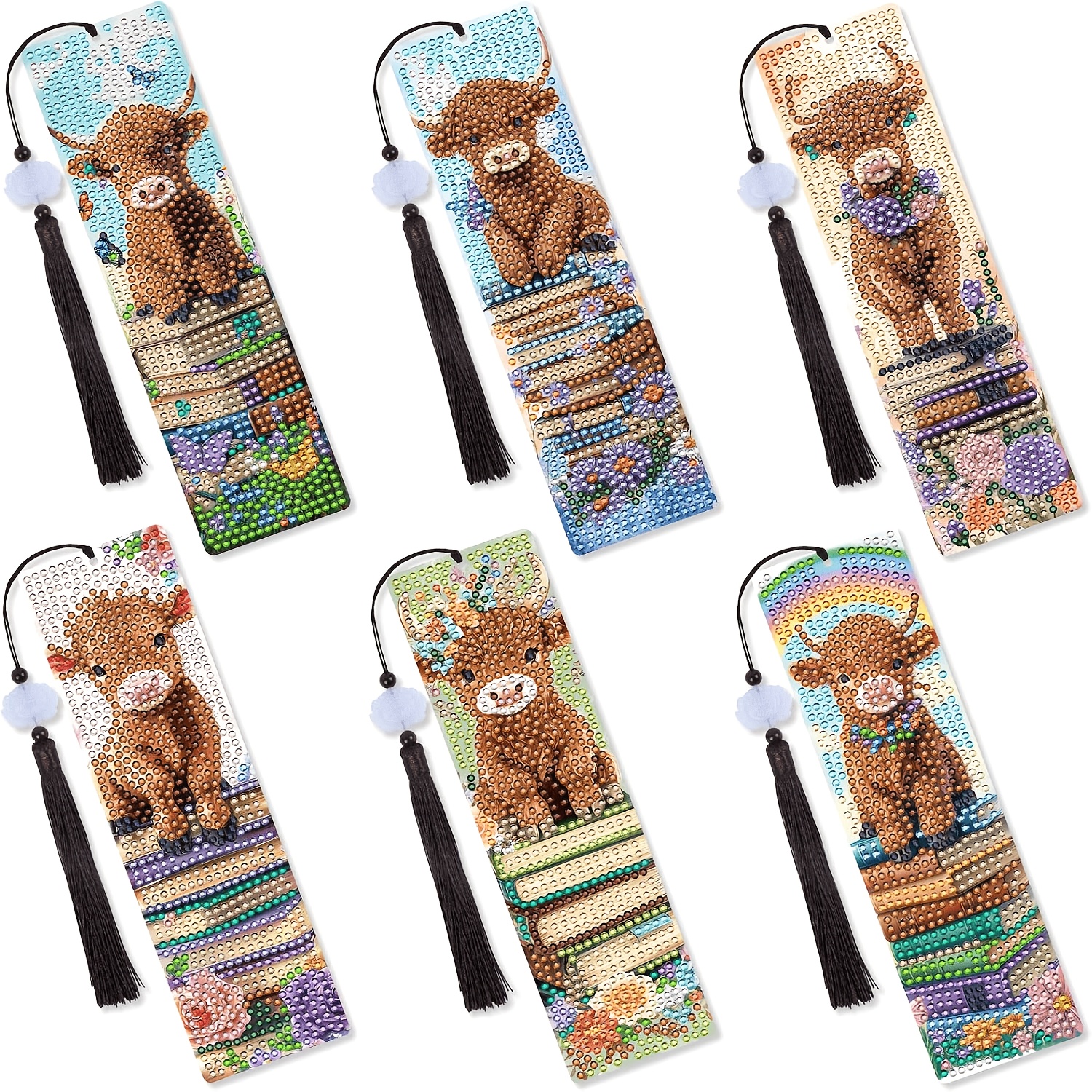 TEMU Highland Cow Diamond Painting Bookmark Set Of 6pcs Western Bookmarks With Tassels, Animals Book Lovers Gifts Craft Kit