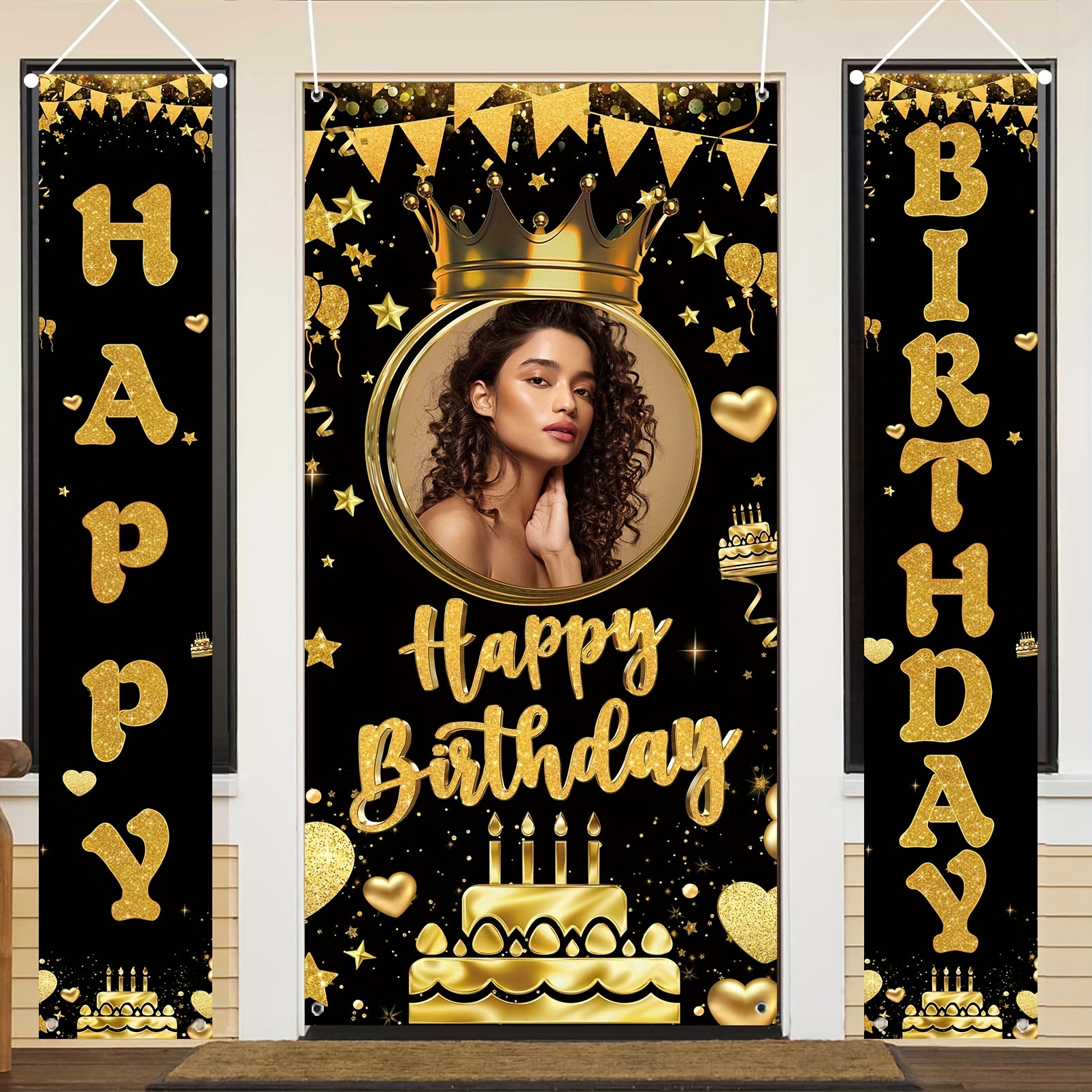 

3-pack Customizable Polyester Birthday Door Banners - Personalized Party Entryway, Room & Garden Decor - Black & Golden Theme - Non-electric Happy Birthday Signage For Indoor/outdoor Use