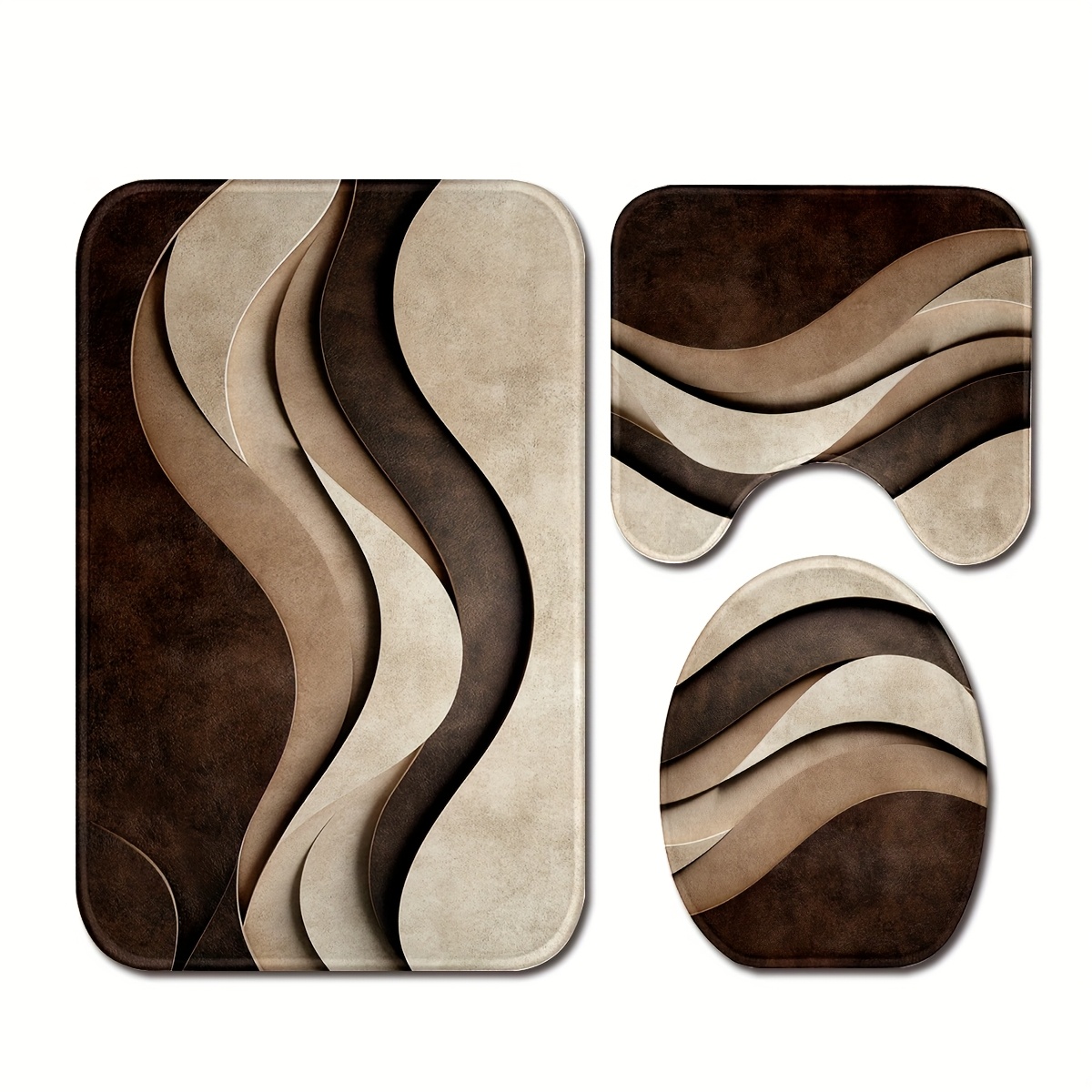 TEMU 3pcs Brown Abstract Wavy Pattern Bathroom Anti Slip Pad Set, Soft Flannel, Non Slip Bathroom Mat, U-shaped Toilet Mat, Toilet Lid Mat, Bath Mat