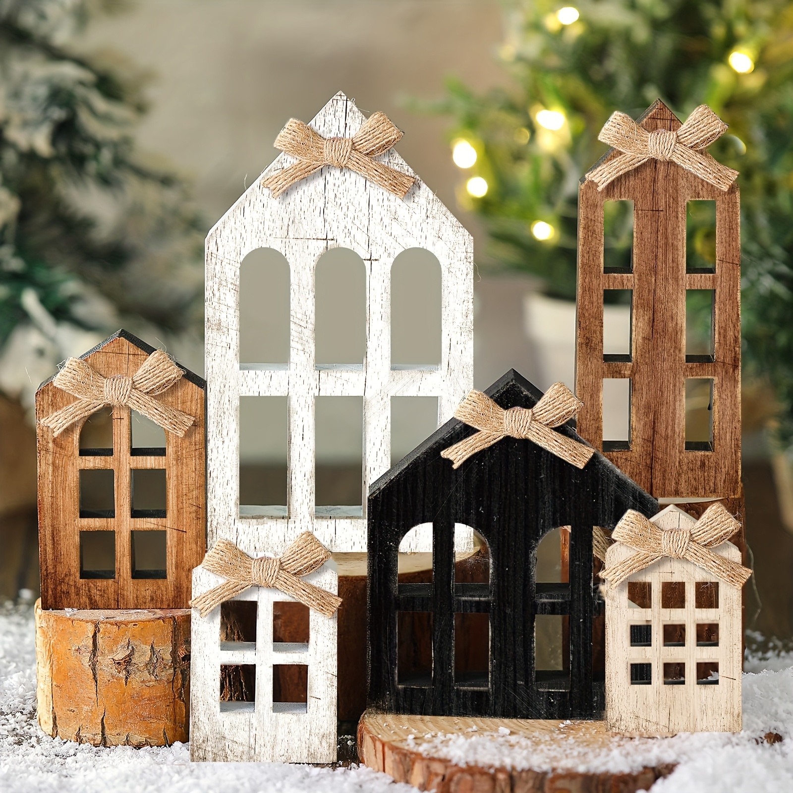 TEMU 6pcs Christmas Wooden Ornaments, Christmas House Ornaments, Rustic Farmhouse Christmas Tiered Tray Decor, Suitable For Entryway, Bedroom,