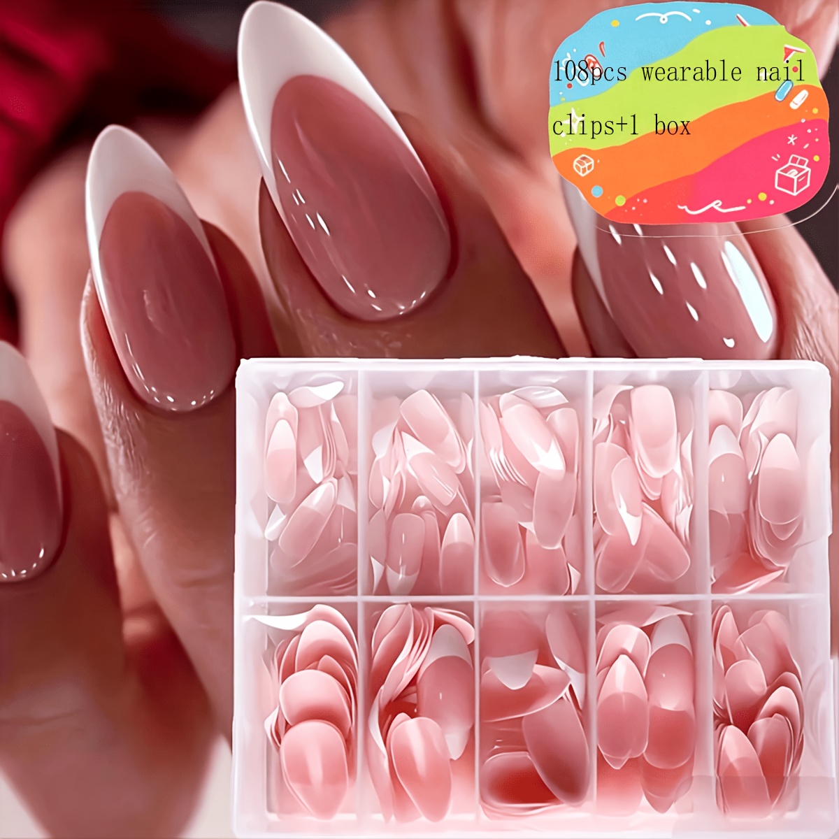 TEMU 108pcs Pinces à ongles à + 1 boîte. style français à bord blanc - Simples et - Faux ongles en acrylique mignons artificiels pour la décoration