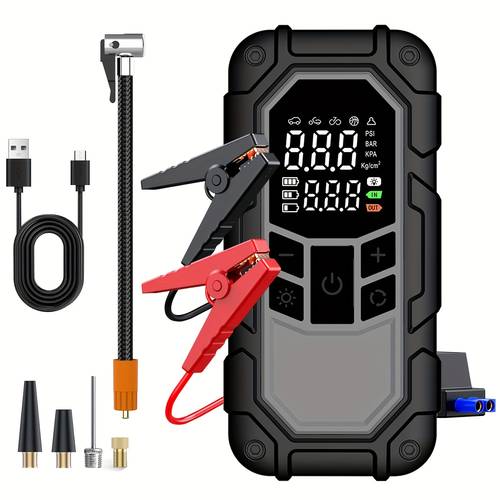 portable car air compressor jump starter with led emergency light 3000a peak power 12v for gas diesel vehicles usb digital tire inflator compact and versatile for on the go use emergency car tool modern emergency tool