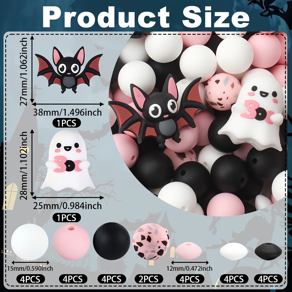 TEMU 28pcs 3d Halloween Silicone Bead Set With 15mm Pink Bat Beads Perfect For Jewelry Handmade Making, Bracelets, Necklaces, Beaded Pen Additions