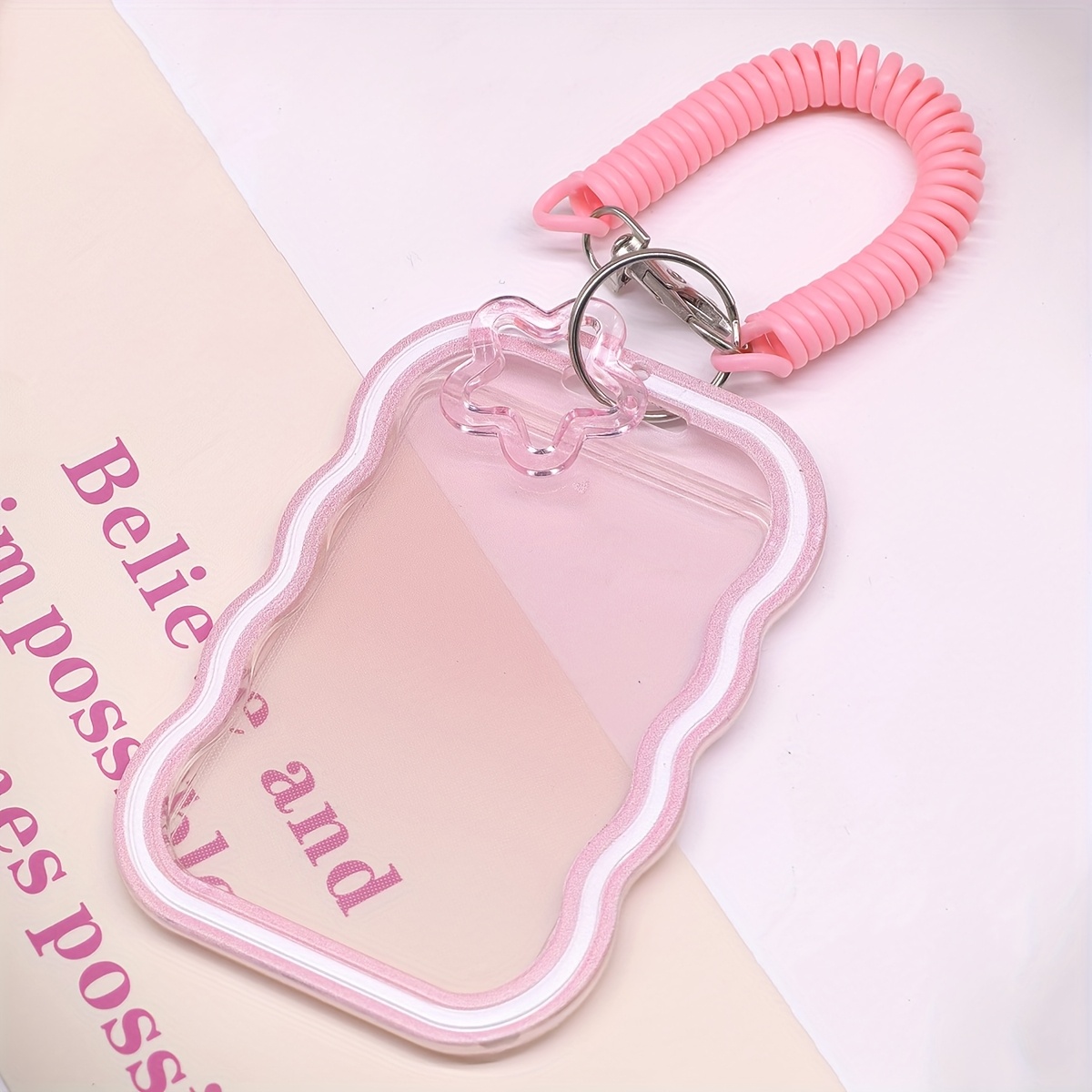 Image of 1-pack Pink Transparent Matte Holder With Spring Keychain Pendant, Suitable For Student Id Cards, Transit Passes, Campus Ids, Photo Paper, Boarding Passes, And Luggage Tags