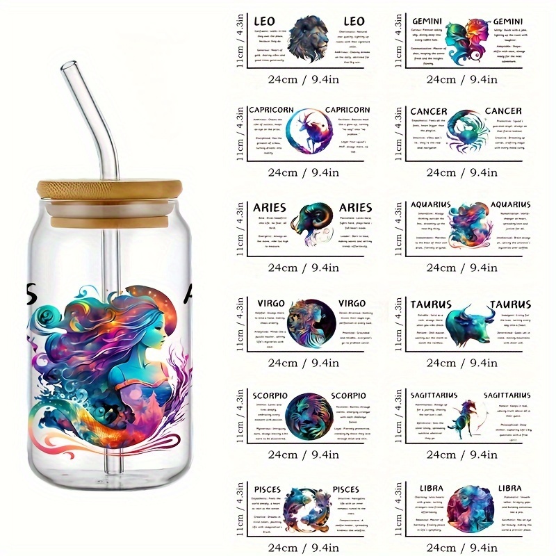 

12pcs/set Constellation Bundle By Uv Dtf Cup Decals -adhesive For Mug Cup Dtf For 16oz Can 12 Signs - (11x24cm) 4.3inx9.4in