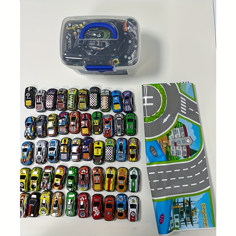 50 piece diecast toy cars set with storage case and foldable play mat return force function metal vehicles colorful assortment educational and for kids ages 3 and up details 13