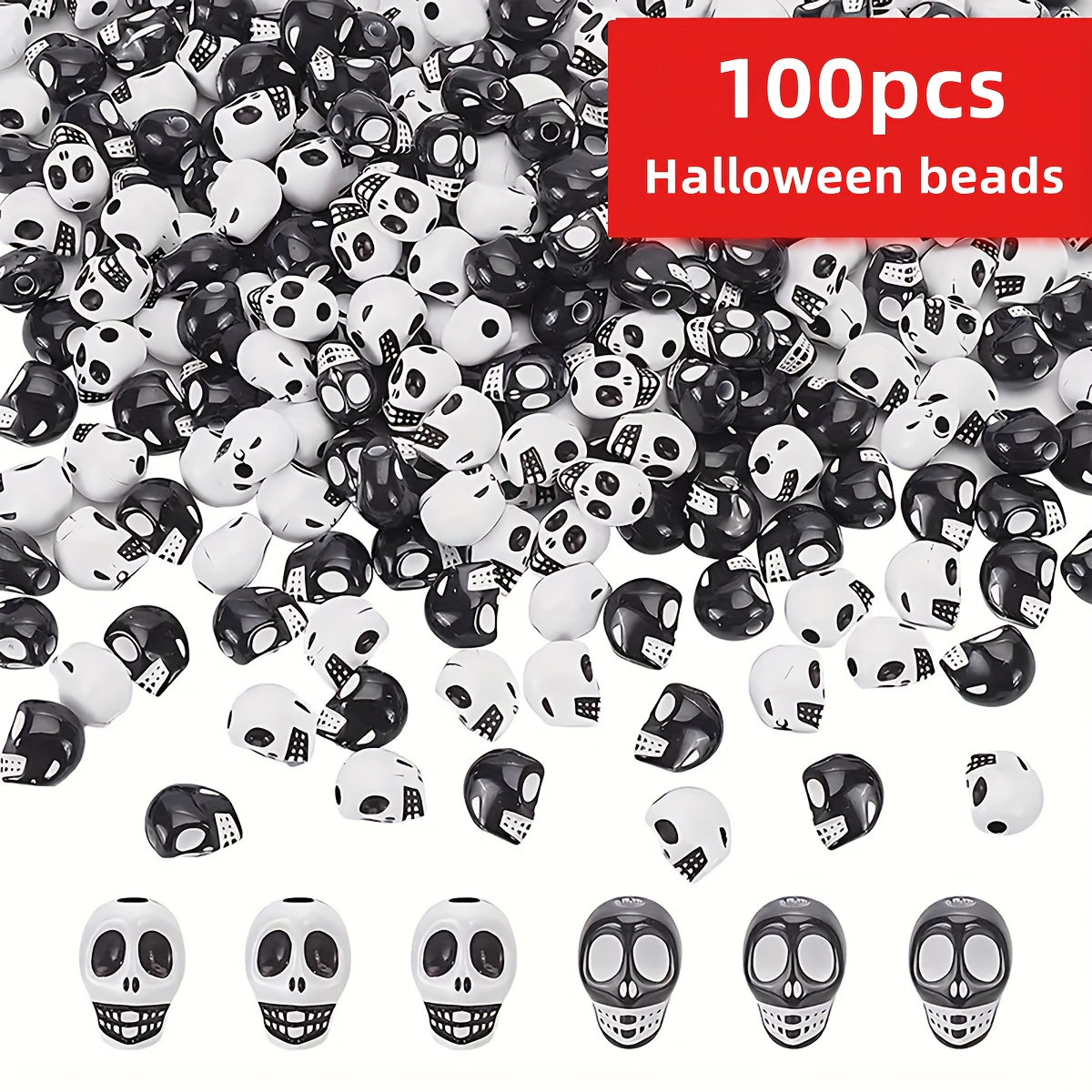 TEMU 200/100pcs Gothic Beads - Black & White Large 10mm Round Hollow Eyes & Faces, Smooth Spherical Making, Necklace & Bracelet Beads For Halloween,