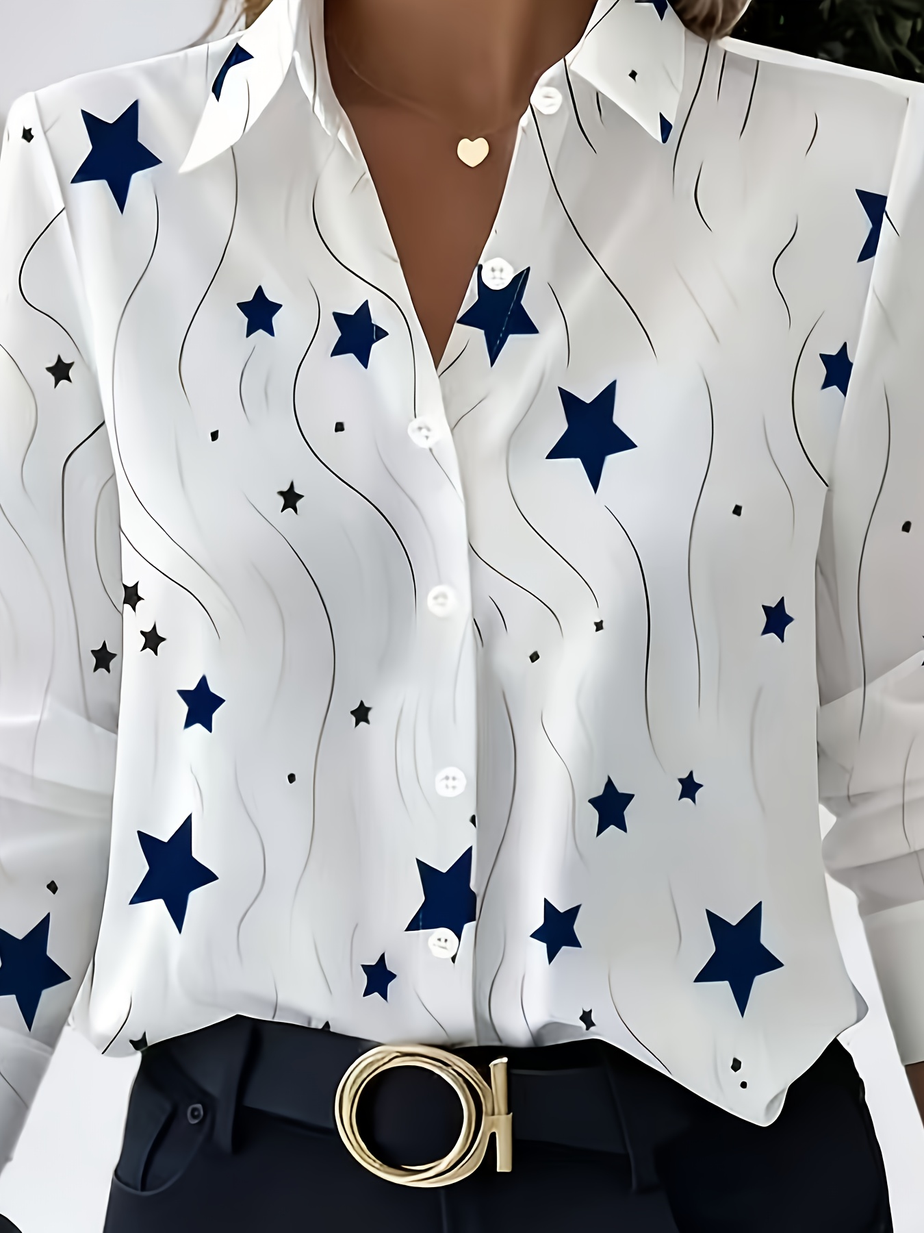 TD0102001 Blusa Elegante para Mujer con Estampado de Estrella de Cinco Puntas, Camisa de Manga Larga, Top Profesional