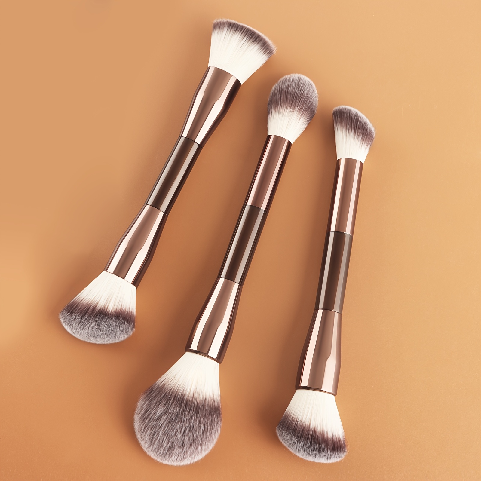 Image of 3pcs Dual-ended 2-in-1 Professional Makeup Brush Set With Abs Anti-drop Handle, Multi-functional Travel-friendly Cosmetics Tool For Foundation, Eyeshadow, Loose Powder, Concealer