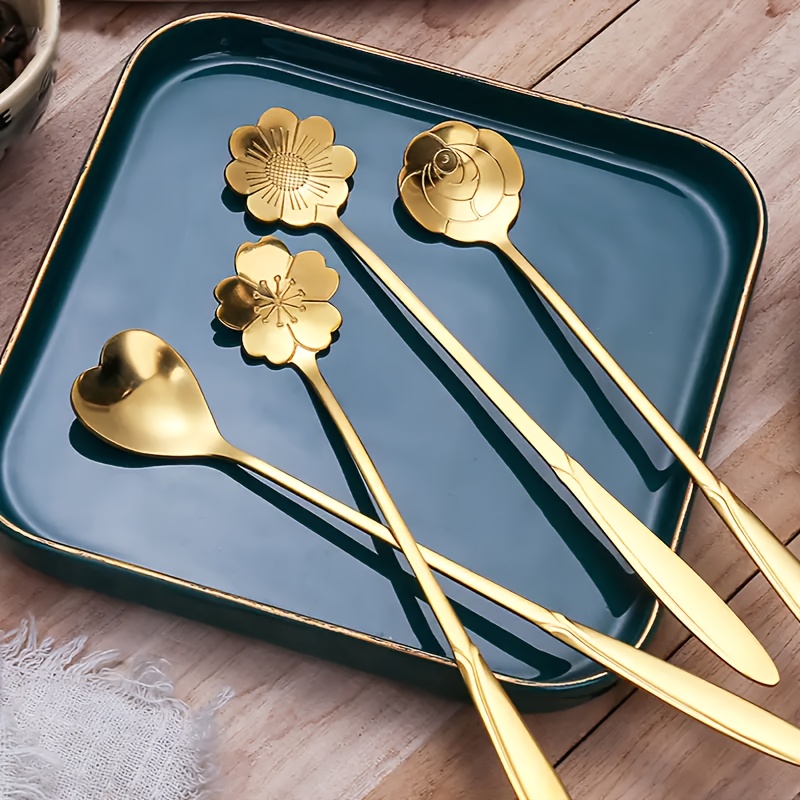 TEMU 4pcss Floral Pattern Teaspoons 4pcs Set, Coffee Spoons, Cute Ice Cream Dessert Spoons, Stainless Steel Cutlery Set, Home Kitchen Coffee, Gift ,